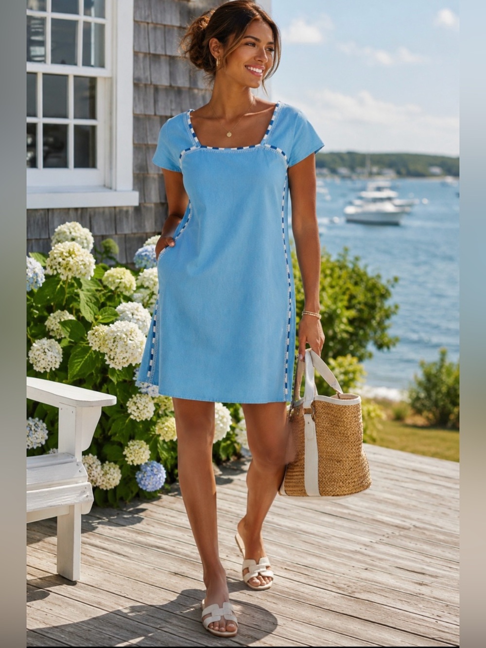 Faherty Jetty Shift Dress Delphinium Blue Organic Cotton Pockets Women L